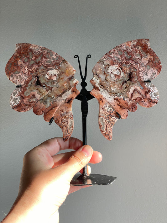 Pink Crazy Lace Agate Butterfly Stand